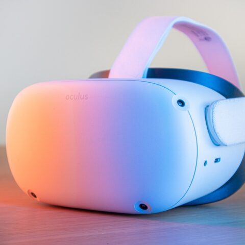 pink and white vr goggles